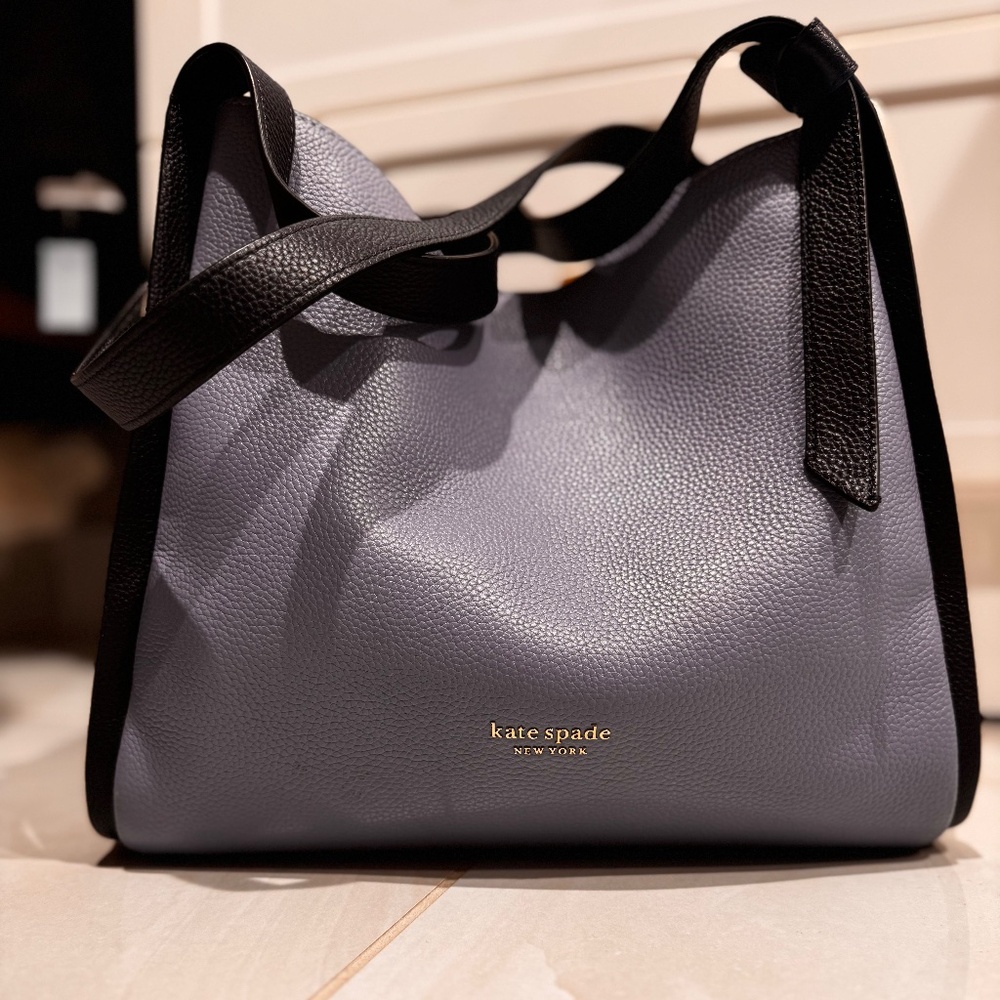 kate spade New York Pebbled Leather Shoulder Bag in Light Blue with Black Trim
